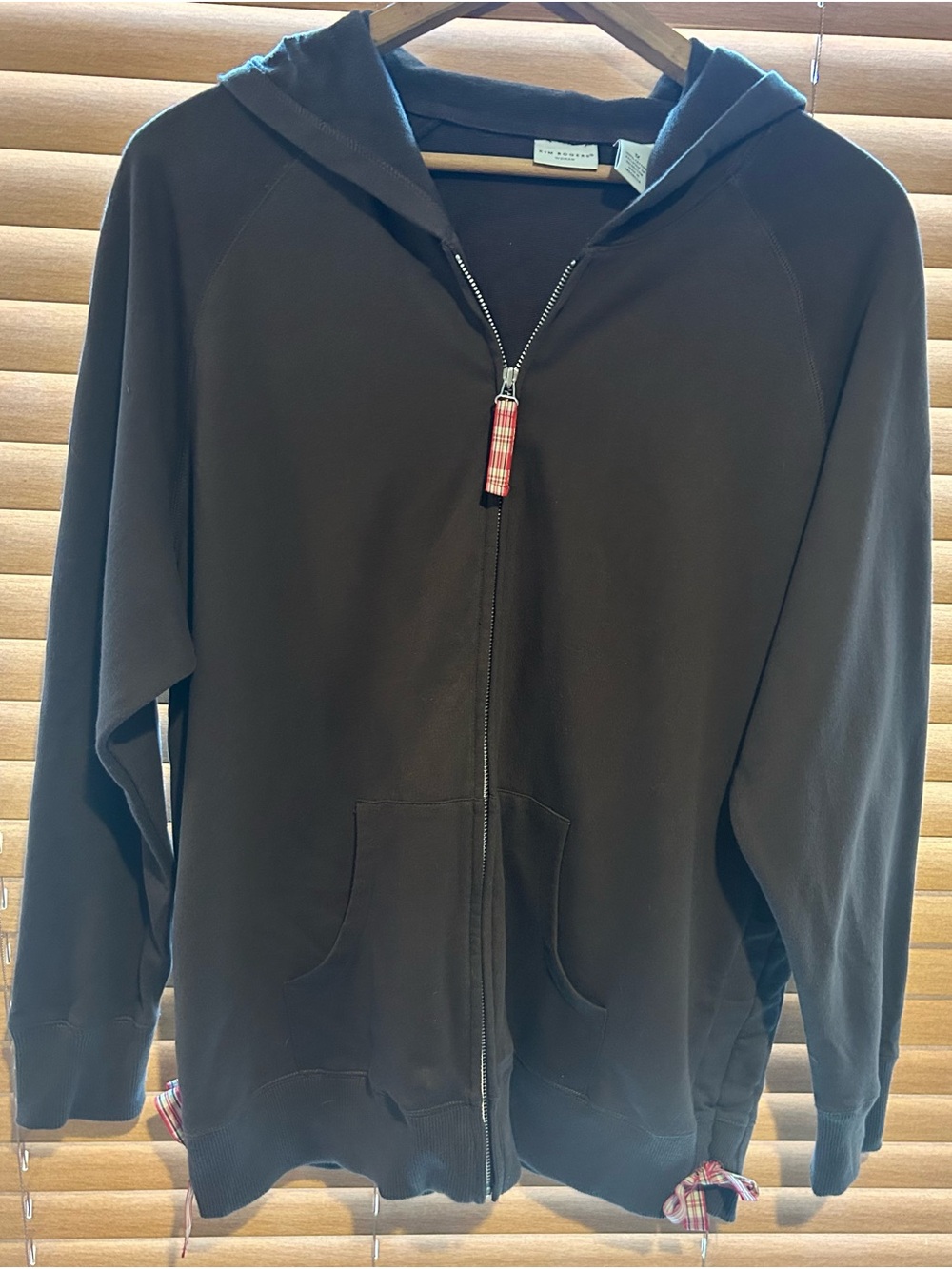 Kim Rogers Brown Zip Hoodie with Plaid Pull and side Bows size 1XL